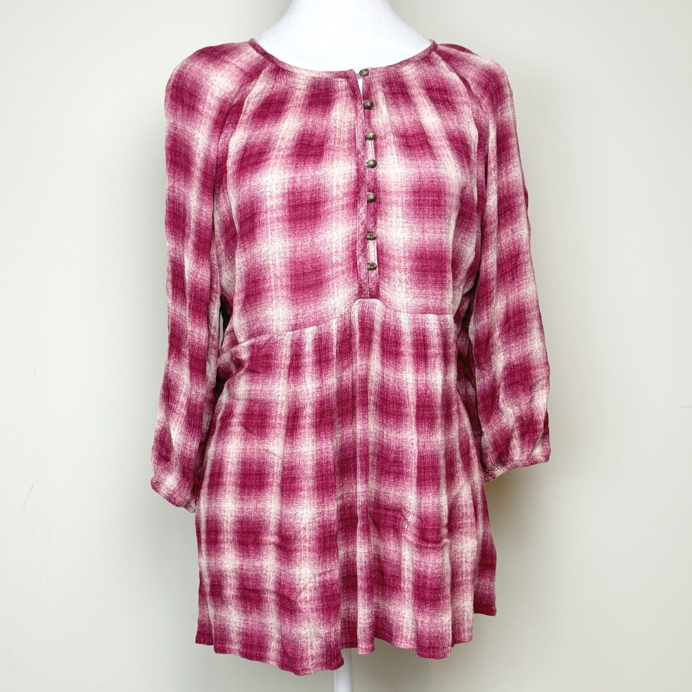 MAEVE Peasant Tunic Top‎ Pink Plaid Size S Womens Peplum Tunic Anthropologie